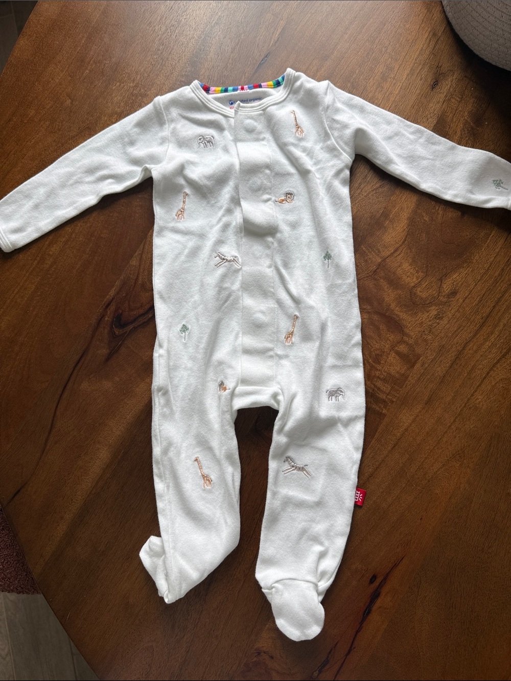 Magnetic Me White Safari-Embroidered Footed Baby One-Piece